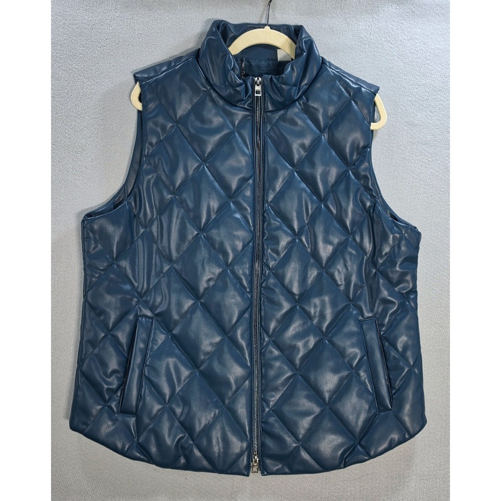Chico's Streetwear Quilted Faux Leather Puffer Vest 3 16/18 Moto Chic Navy Blue